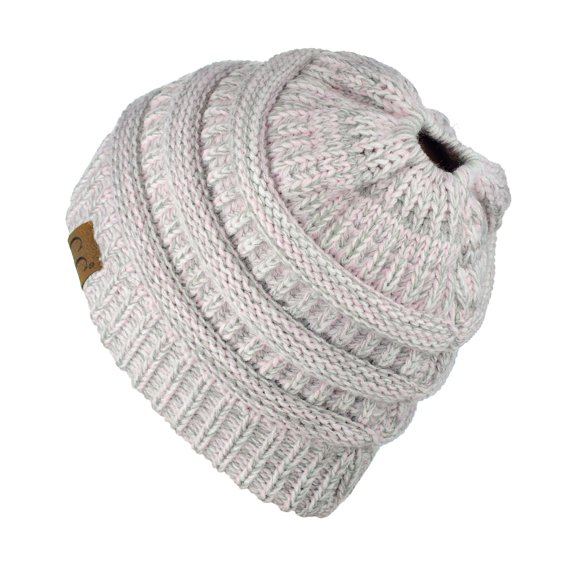 C.C BeanieTail Soft Stretch Cable Knit Messy High Bun Ponytail Beanie Hat, Rose Mix