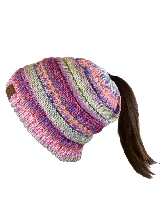 C.C BeanieTail Soft Stretch Cable Knit Messy High Bun Ponytail Beanie Hat, Rose Tribal Blend