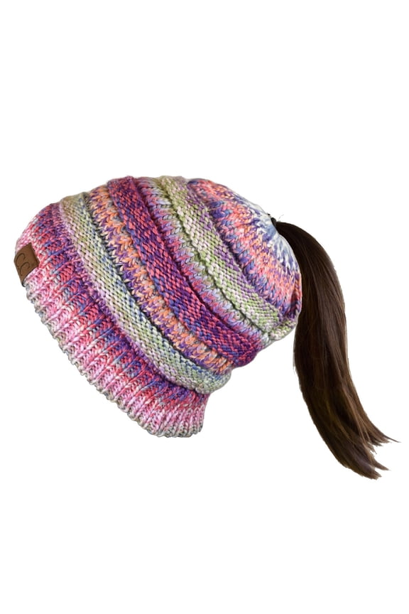 BeanieTail Soft Stretch Cable Knit Messy High Bun Ponytail Beanie Hat, Rose Tribal Blend