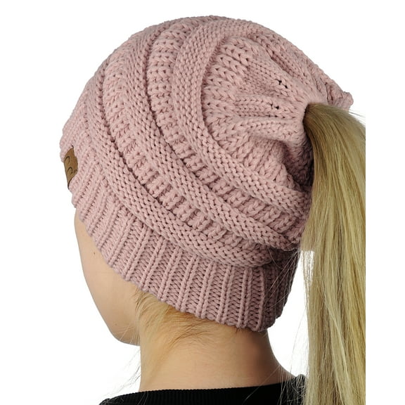 C.C BeanieTail Soft Stretch Cable Knit Messy High Bun Ponytail Beanie Hat, Rose