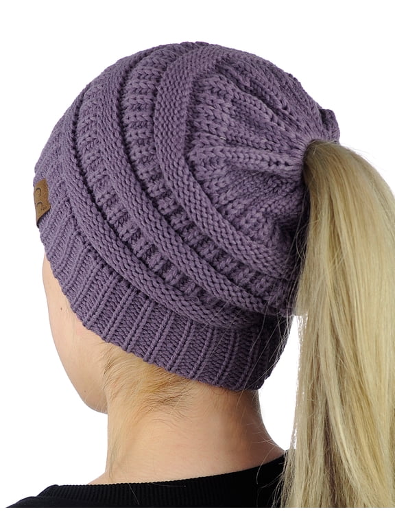 BeanieTail Soft Stretch Cable Knit Messy High Bun Ponytail Beanie Hat, Violet