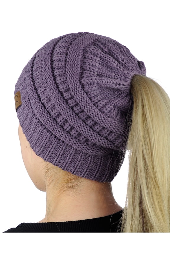 C.C BeanieTail Soft Stretch Cable Knit Messy High Bun Ponytail Beanie Hat, Violet