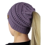 C.C BeanieTail Soft Stretch Cable Knit Messy High Bun Ponytail Beanie Hat, Violet