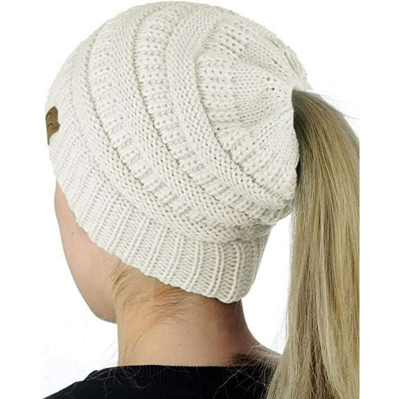 C.C BeanieTail Soft Stretch Cable Knit Messy High Bun Ponytail Beanie Hat White