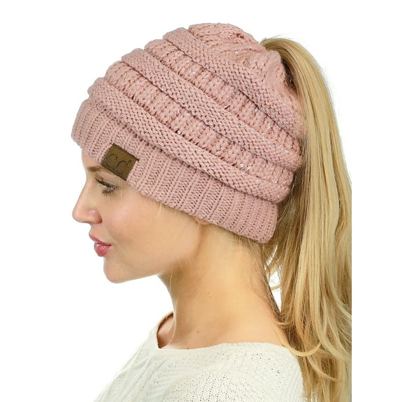 C.C BeanieTail Sparkle Sequin Cable Knit Messy High Bun Ponytail Beanie Hat, Indi Pink