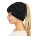 thumbnail image 1 of C.C BeanieTail Sparkly Sequin Cable Knit Messy High Bun Ponytail Beanie Hat, Black/Silver, 1 of 4