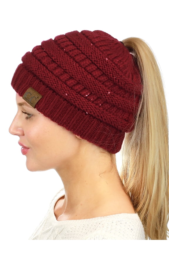 C.C BeanieTail Sparkly Sequin Cable Knit Messy High Bun Ponytail Beanie Hat, Burgundy