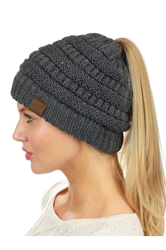 C.C BeanieTail Sparkly Sequin Cable Knit Messy High Bun Ponytail Beanie Hat, Dark Melange Gray