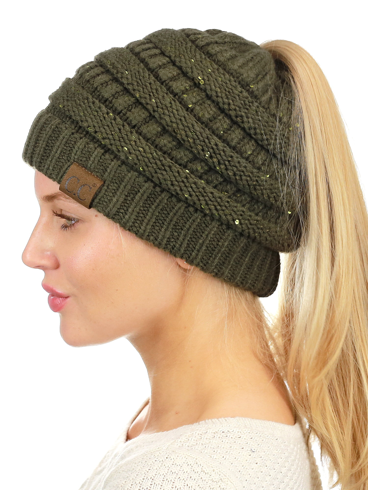Genuine C.C BeanieTail Sparkly Sequin Cable Knit Ponytail Beanie – Messy High Bun Hat, Unisex