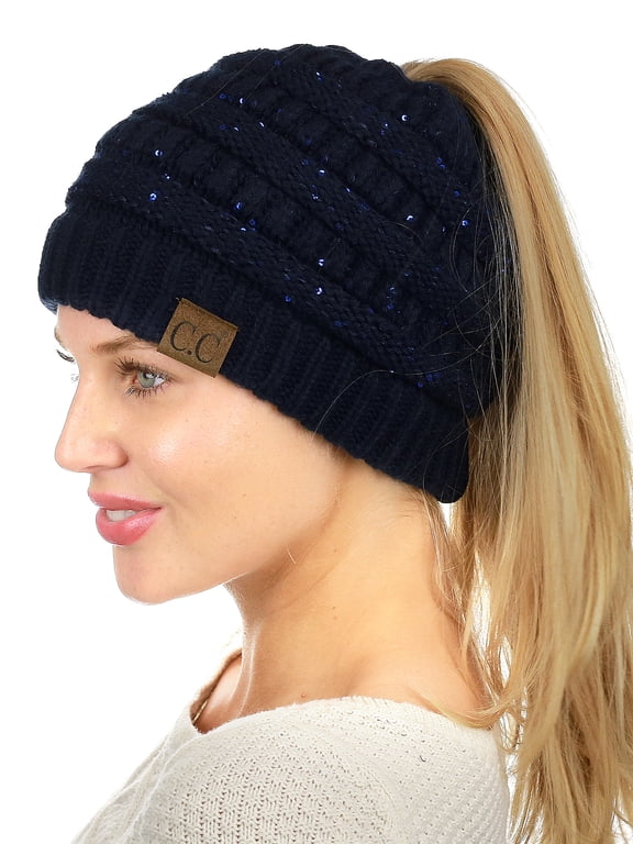 C.C BeanieTail Sparkly Sequin Cable Knit Messy High Bun Ponytail Beanie Hat, Navy