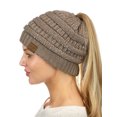 thumbnail image 1 of C.C BeanieTail Sparkly Sequin Cable Knit Messy High Bun Ponytail Beanie Hat, Taupe, 1 of 4