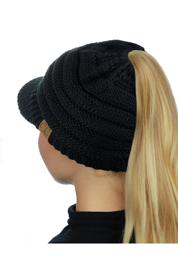 BeanieTail Warm Knit Messy High Bun Ponytail Visor Beanie Cap, Black