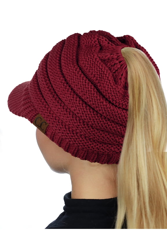BeanieTail Warm Knit Messy High Bun Ponytail Visor Beanie Cap, Burgundy