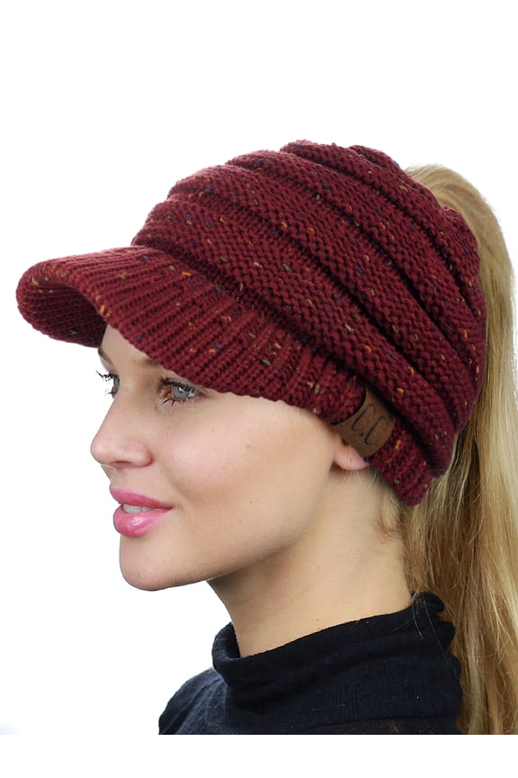 BeanieTail Warm Knit Messy High Bun Ponytail Visor Beanie Cap, Confetti Burgundy