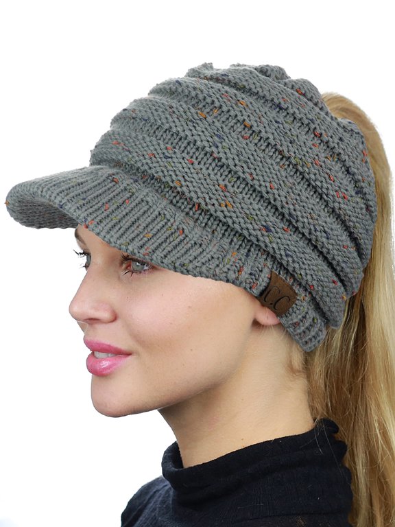 C.C BeanieTail Warm Knit Messy High Bun Ponytail Visor Beanie Cap, Confetti Natural Gray