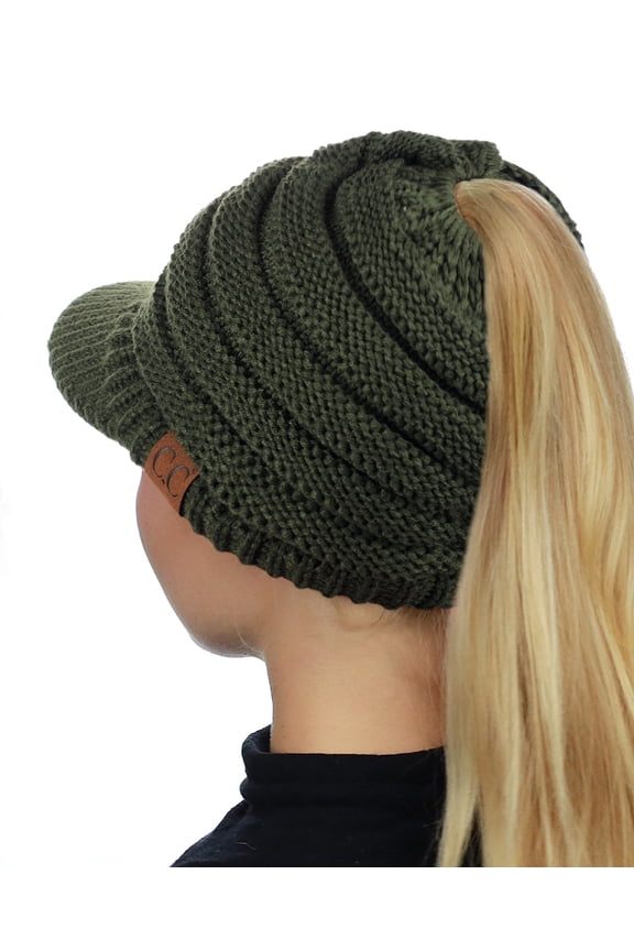 BeanieTail Warm Knit Messy High Bun Ponytail Visor Beanie Cap, Dark Olive