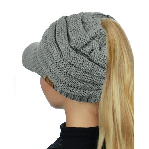 C.C BeanieTail Warm Knit Messy High Bun Ponytail Visor Beanie Cap, Light Melange Gray