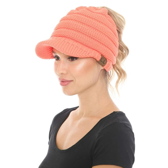 C.C BeanieTail Warm Knit Messy High Bun Ponytail Visor Beanie Cap, Neon Orange
