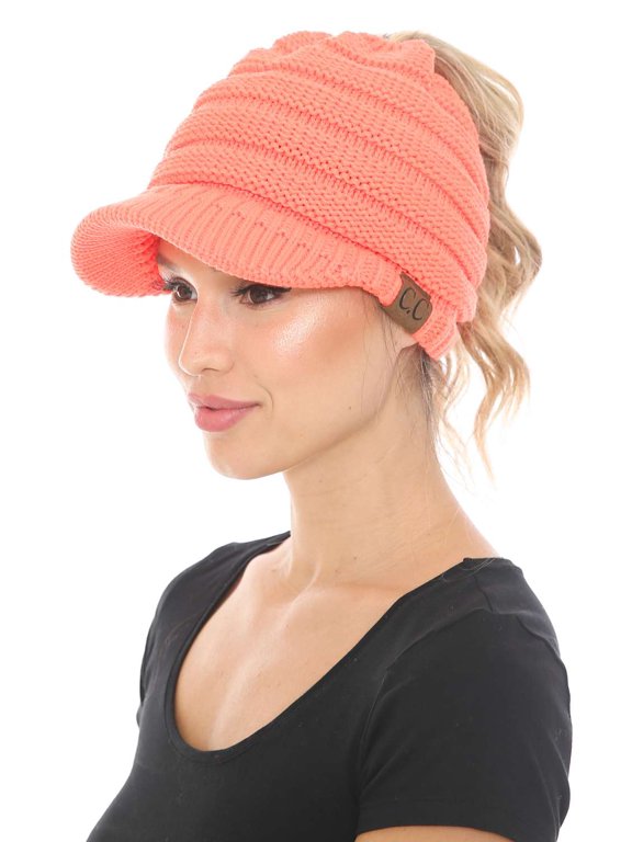 BeanieTail Warm Knit Messy High Bun Ponytail Visor Beanie Cap, Neon Orange