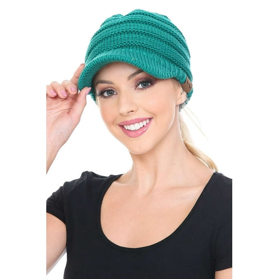 C.C BeanieTail Warm Knit Messy High Bun Ponytail Visor Beanie Cap, Sea Green