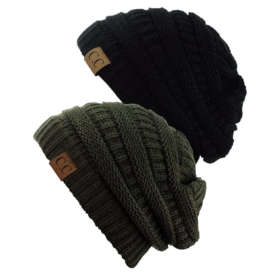 C.C Cable Knit Beanie Skully, Black/Dark Olive, 2 Pack