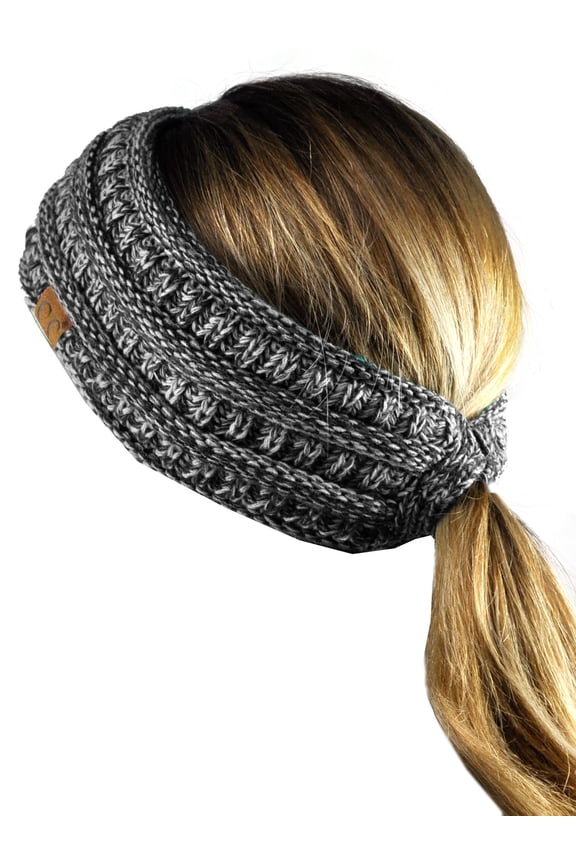 Cable Knit Fuzzy Lined Ear Warmer Ponytail Pony Headband, 3 Tone Gray