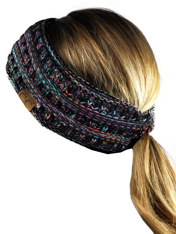 Cable Knit Fuzzy Lined Ear Warmer Ponytail Pony Headband, Black/Multi