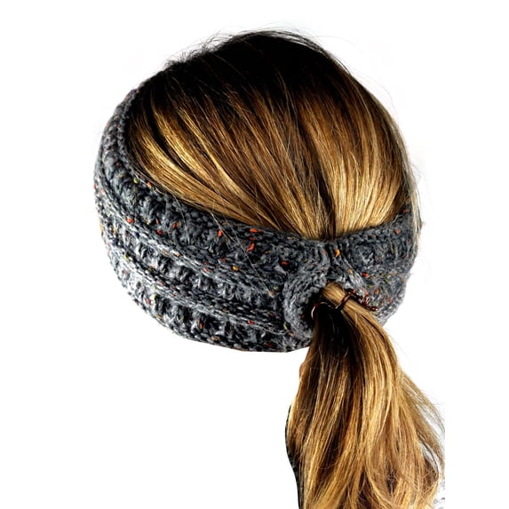 C.C Cable Knit Fuzzy Lined Ear Warmer Ponytail Pony Headband, Confetti Ombre Dark Melange Gray