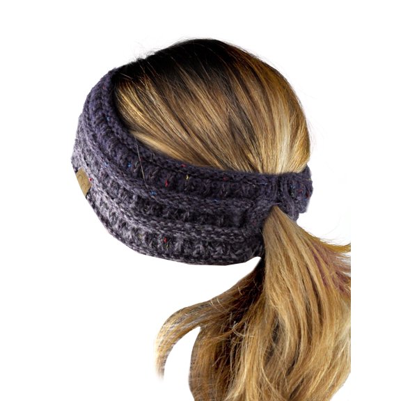 C.C Cable Knit Fuzzy Lined Ear Warmer Ponytail Pony Headband, Confetti Ombre Purple