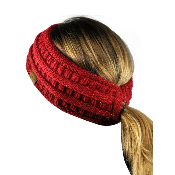 C.C Cable Knit Fuzzy Lined Ear Warmer Ponytail Pony Headband, Confetti Ombre Red
