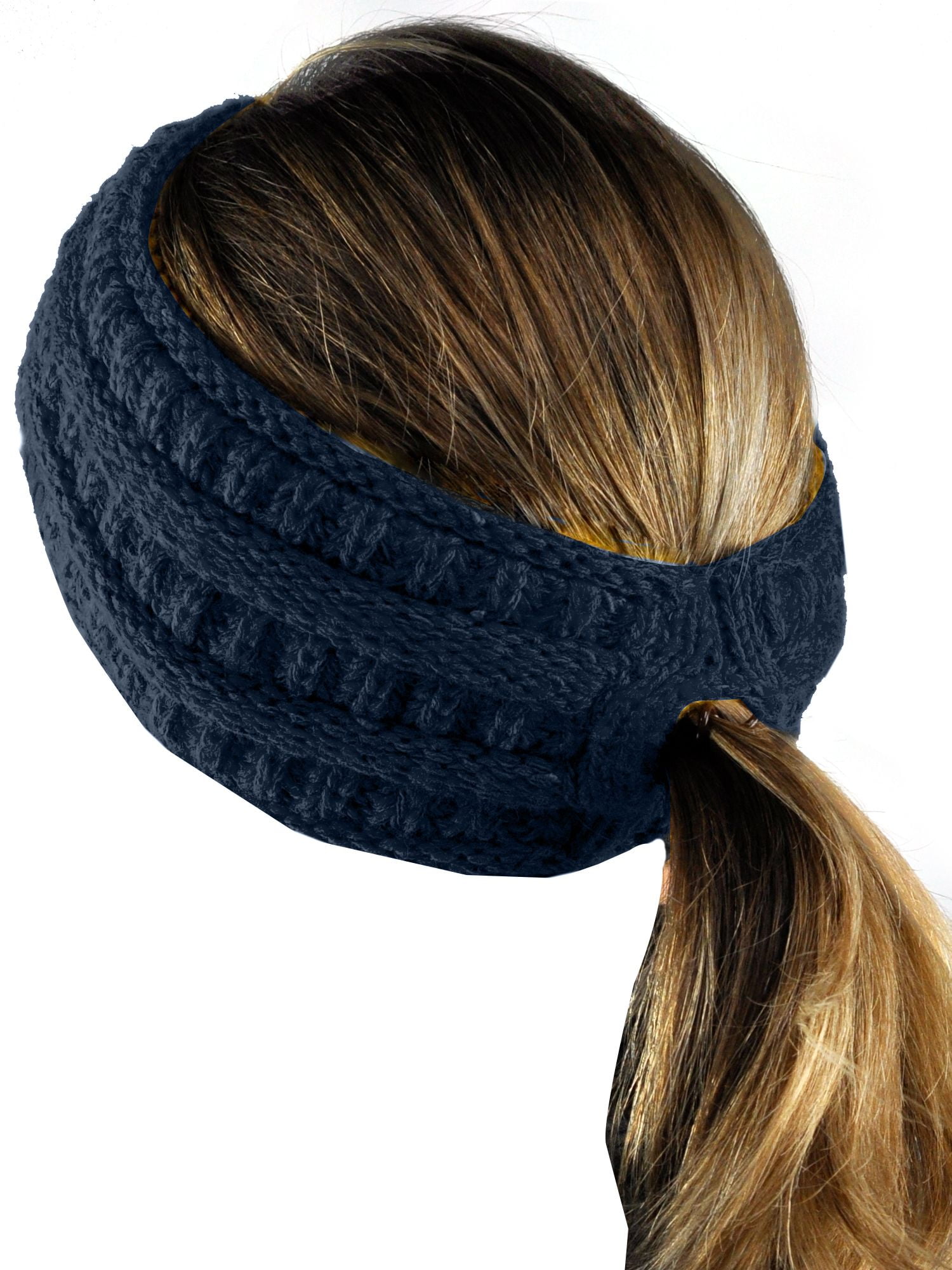 C.C Cable Knit Fuzzy Lined Ear Warmer Ponytail Pony Headband 