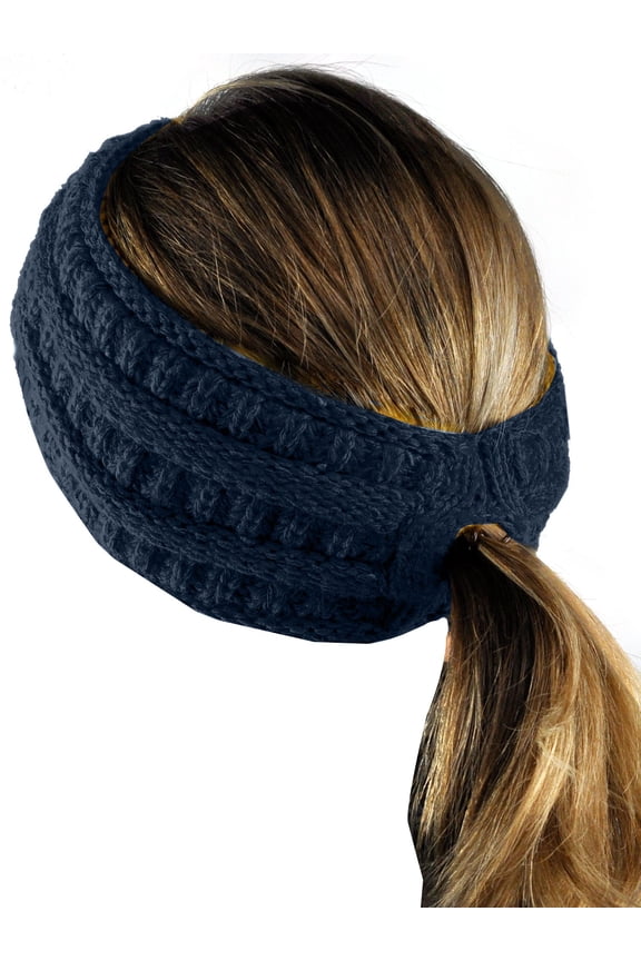 Cable Knit Fuzzy Lined Ear Warmer Ponytail Pony Headband, Navy