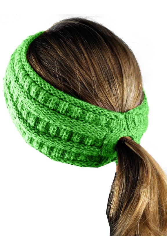 Cable Knit Fuzzy Lined Ear Warmer Ponytail Pony Headband, Neon Lime
