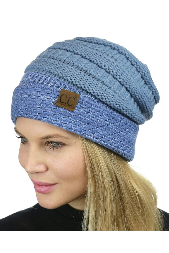 C.C Cable Knit Soft Stretch Multicolor Stitch Cuff Skully Beanie Hat, Denim