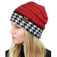 thumbnail image 1 of C.C Cable Knit Soft Stretch Multicolor Stitch Cuff Skully Beanie Hat, Houndstooth Crimson, 1 of 4