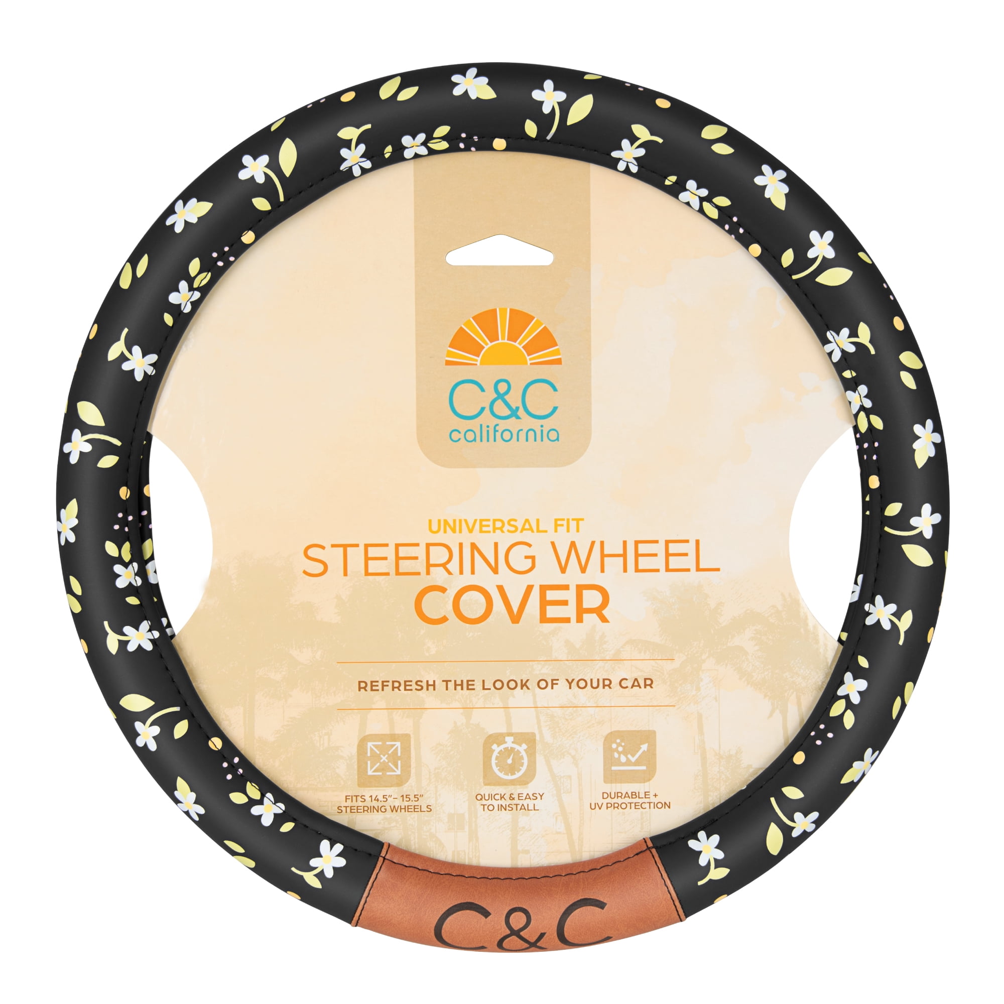 C&C California Car Steering Wheel Cover Beige Diamond Quilt, Non Slip Leather Steering Wheel Cover for Women Men, Soft Easy Installation Universal Fit (Fits 14.5"-15.5" Inches)