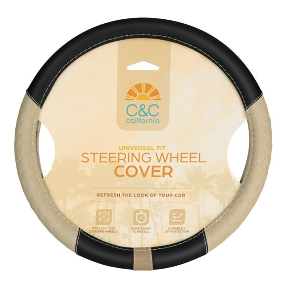 C&C California Car Steering Wheel Cover Beige Diamond Quilt, Non Slip Leather Steering Wheel Cover for Women Men, Soft Easy Installation Universal Fit (Fits 14.5"-15.5" Inches)