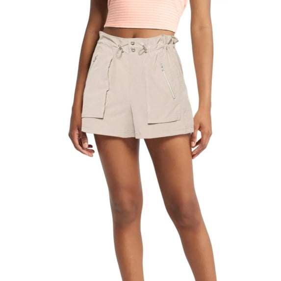 C&C California Women's High Rise Lightweight Stretch Woven Zip Pocket Bungee Shorts (Beige, S)