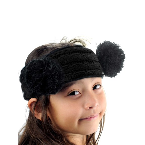 C.C Children's Kids' Double Pom Cable Knit Fuzzy Lined Ear Warmer Headband, Black