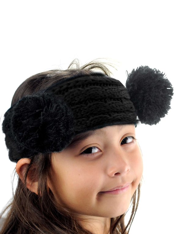 Children's Kids' Double Pom Cable Knit Fuzzy Lined Ear Warmer Headband, Black