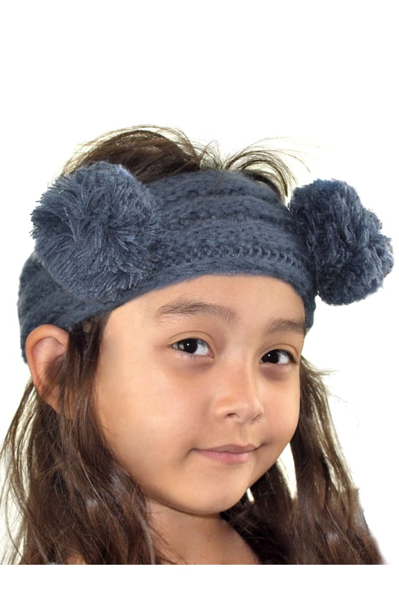 Children's Kids' Double Pom Cable Knit Fuzzy Lined Ear Warmer Headband, Dark Denim