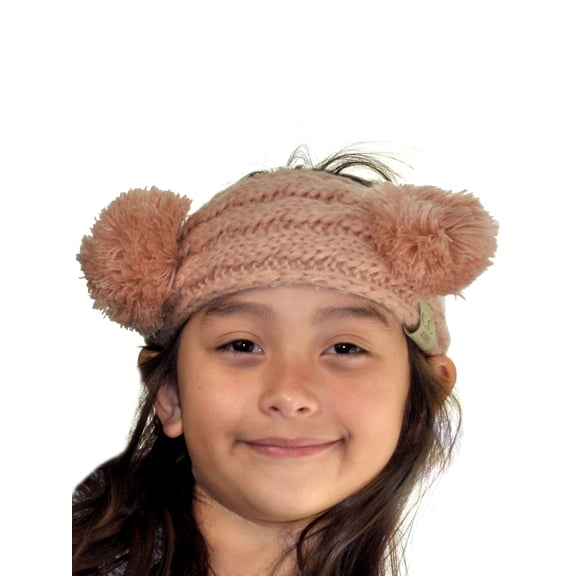 C.C Children's Kids' Double Pom Cable Knit Fuzzy Lined Ear Warmer Headband, Indi Pink