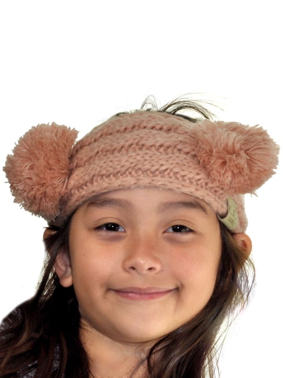 Children's Kids' Double Pom Cable Knit Fuzzy Lined Ear Warmer Headband, Indi Pink