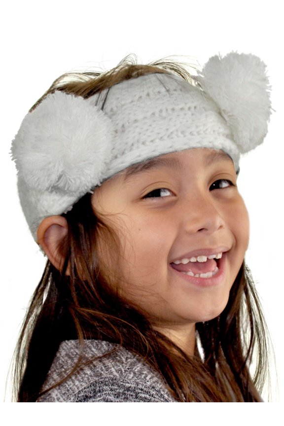 Children's Kids' Double Pom Cable Knit Fuzzy Lined Ear Warmer Headband, Ivory