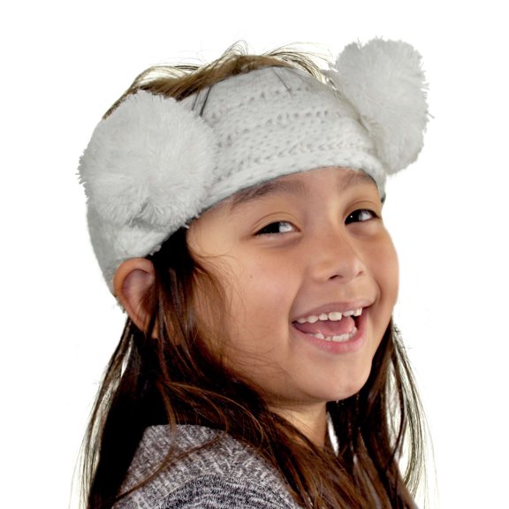 C.C Children's Kids' Double Pom Cable Knit Fuzzy Lined Ear Warmer Headband, Ivory
