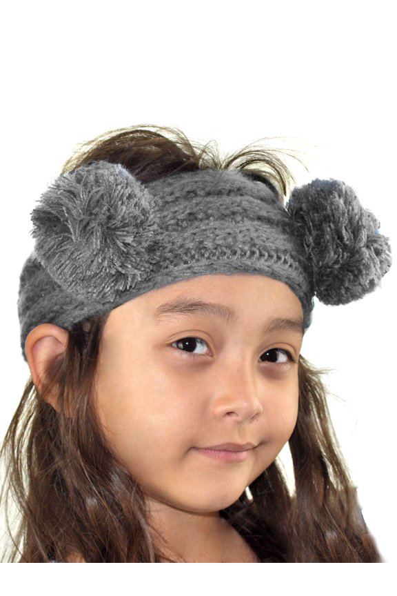 Children's Kids' Double Pom Cable Knit Fuzzy Lined Ear Warmer Headband, Light Melange Gray