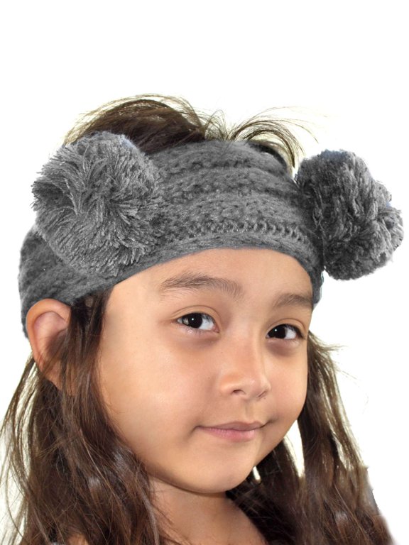 Children's Kids' Double Pom Cable Knit Fuzzy Lined Ear Warmer Headband, Light Melange Gray