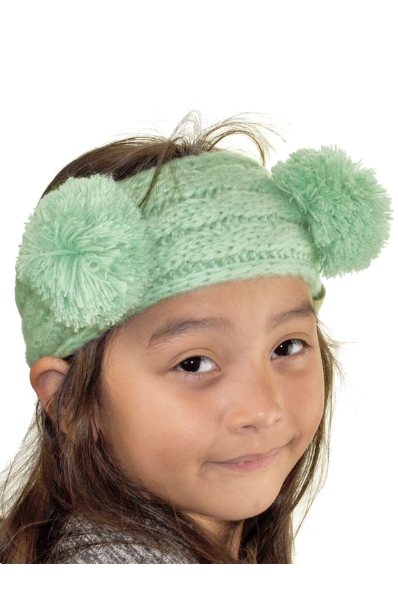 Children's Kids' Double Pom Cable Knit Fuzzy Lined Ear Warmer Headband, Mint