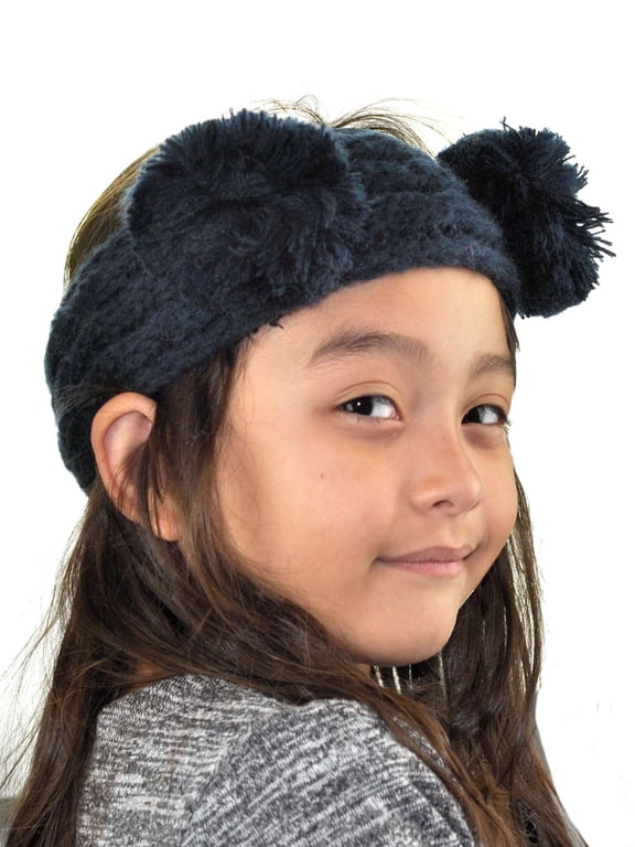 Children's Kids' Double Pom Cable Knit Fuzzy Lined Ear Warmer Headband, Navy