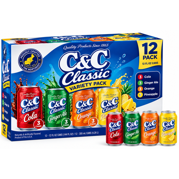 C&C Classic Variety Pack Soda, Cola, Ginger Ale, Orange, Pineapple, 12 fl oz, 12-Pack